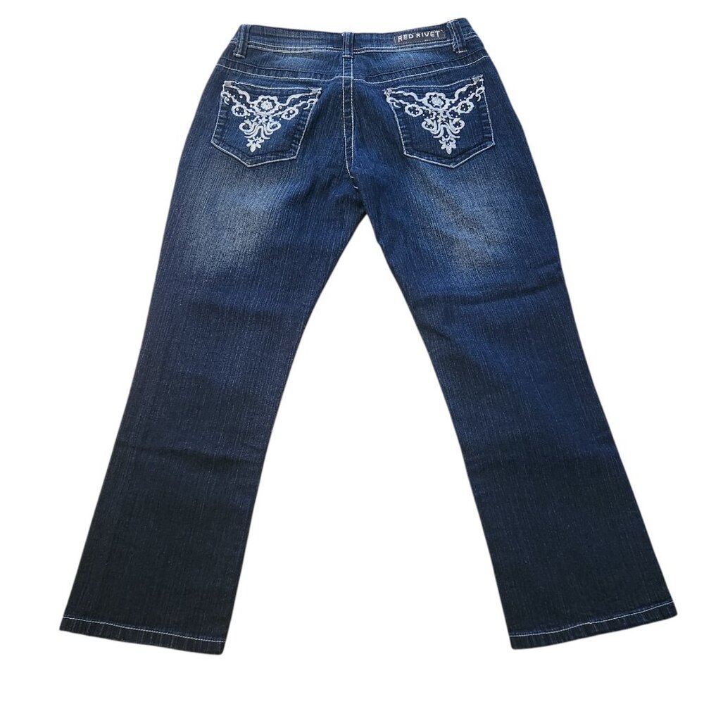 Red Rivet Jeans Embroidered Rhinestone Pockets Stretch Dark Blue Size‎ 9 EUC